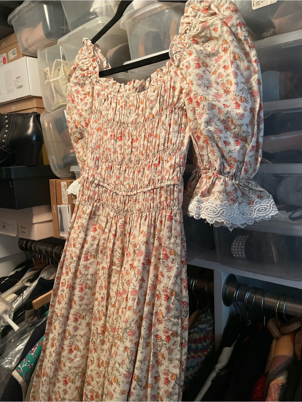 Smocked Puff Sleeve Maxi Dress in Cream Floral